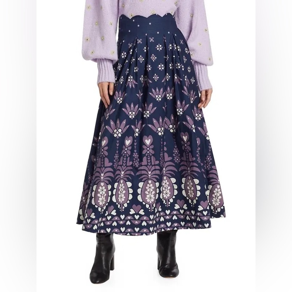 NWT FARM Rio Ainika Martina Dark Blue Floral Scalloped Cotton Midi Skirt